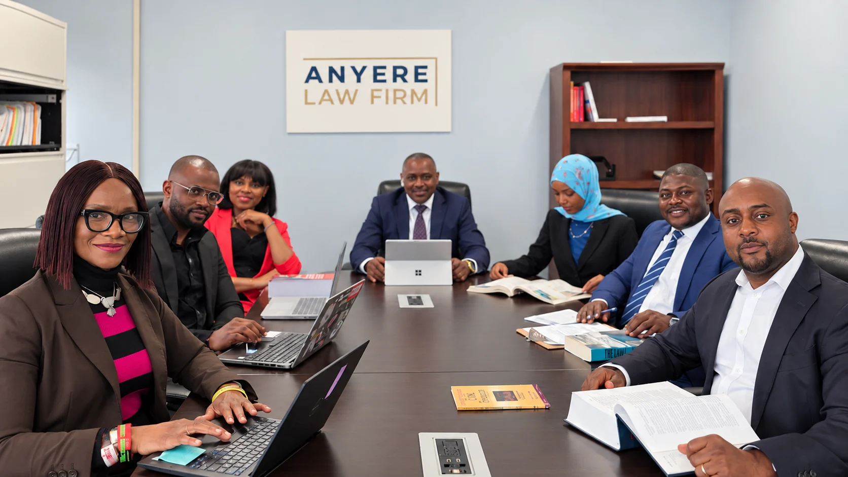 The Anyere Law Firm team gathered around the conference table in the Greenbelt office